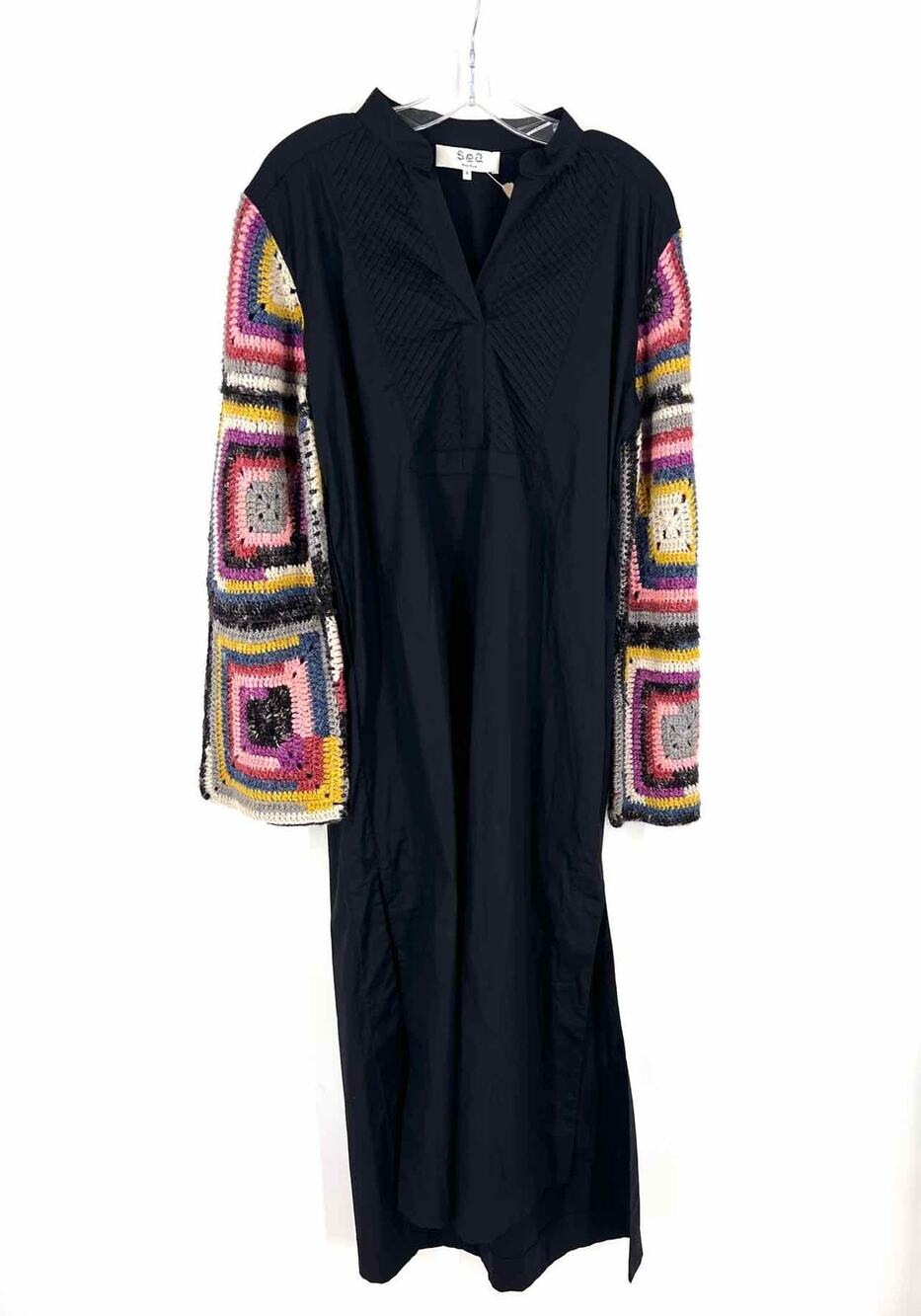 Sea New York Size S Black/Multi Crochet Sleeve Pintucked Designer Dress